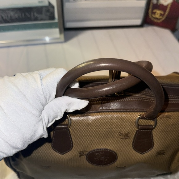 90s VTG Burberrys Boston Duffle Travel Bag Brown Leather Monogram Bag Italy Used - Picture 16 of 16